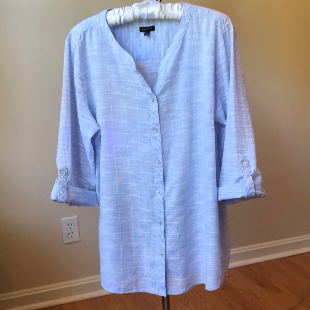 Talbots XL Pale Blue 100% Cotton Windowpane Blouse